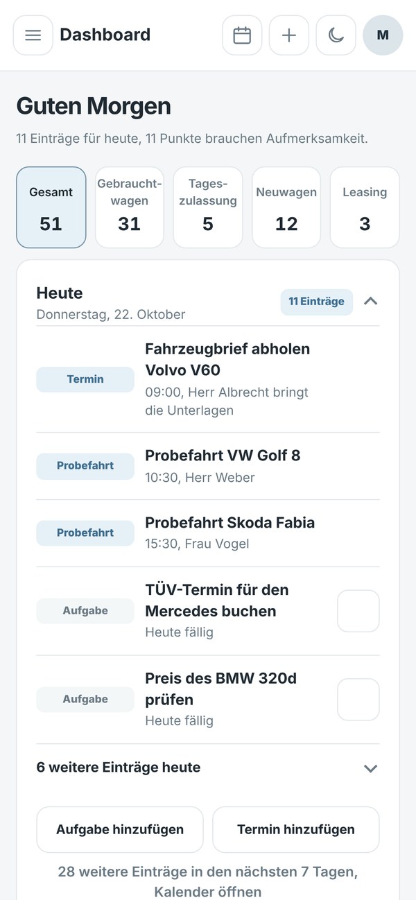 Das Dashboard von sem. auf dem Handy