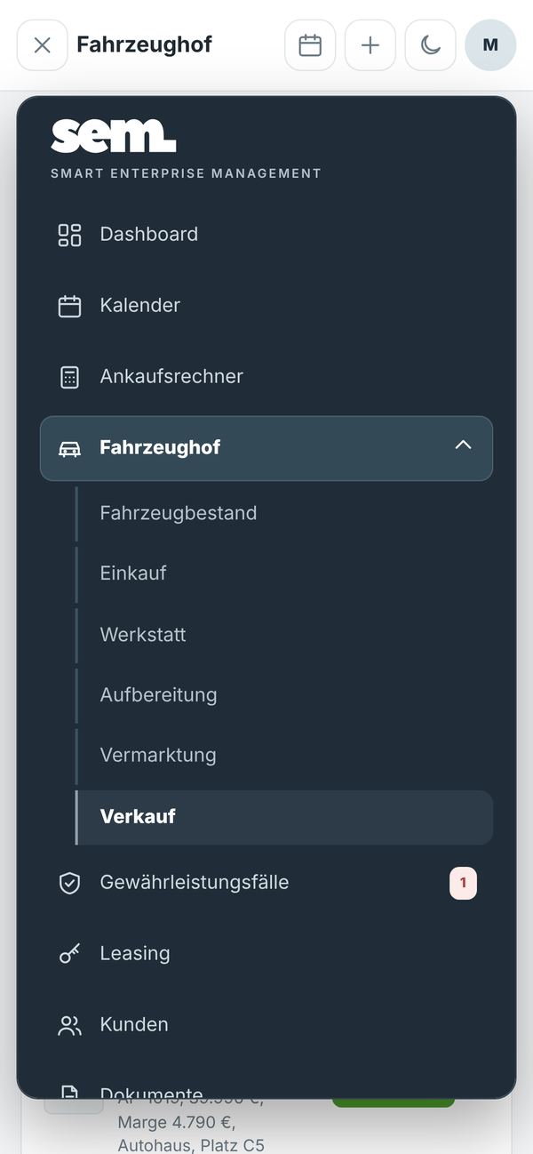 Das Menü von sem. auf dem Handy, Fahrzeughof aufgeklappt