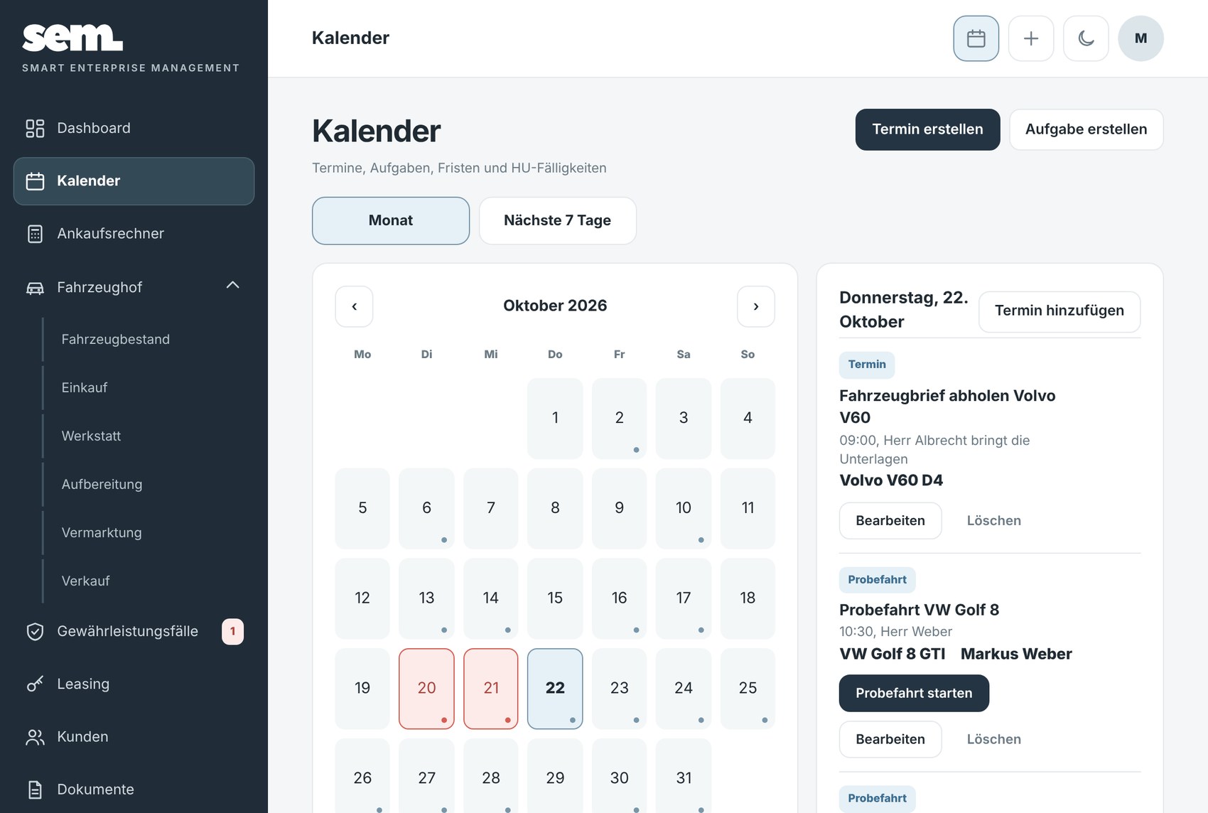 Der Kalender mit Terminen und Fristen