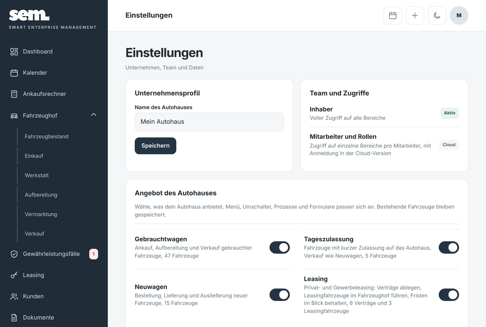 Einstellungen mit Team, Zugriffen und Angebot des Autohauses